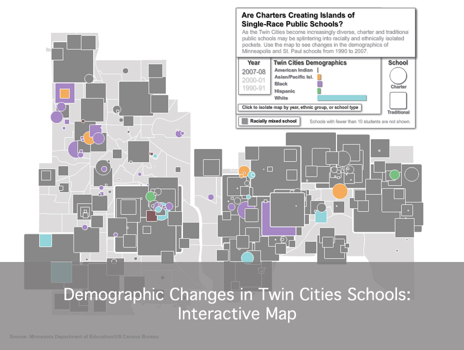 See how the demographics of charter and traditional public schools in the Twin Cities have changed since 1990.
